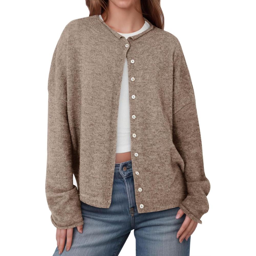imageSaodimallsu Womens Button Up Cardigan Sweaters Long Sleeve Crew Neck Fall Soft Lightweight Knit Loose Sweater TopsDark Khaki