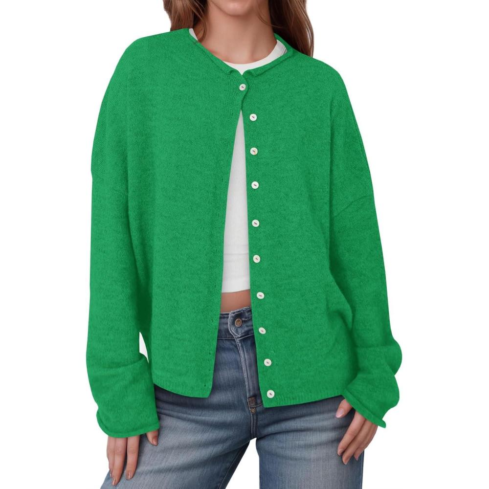 imageSaodimallsu Womens Button Up Cardigan Sweaters Long Sleeve Crew Neck Fall Soft Lightweight Knit Loose Sweater TopsGreen