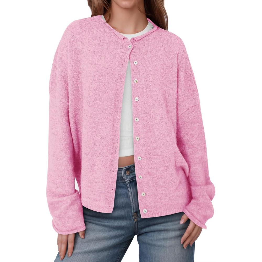 imageSaodimallsu Womens Button Up Cardigan Sweaters Long Sleeve Crew Neck Fall Soft Lightweight Knit Loose Sweater TopsPink