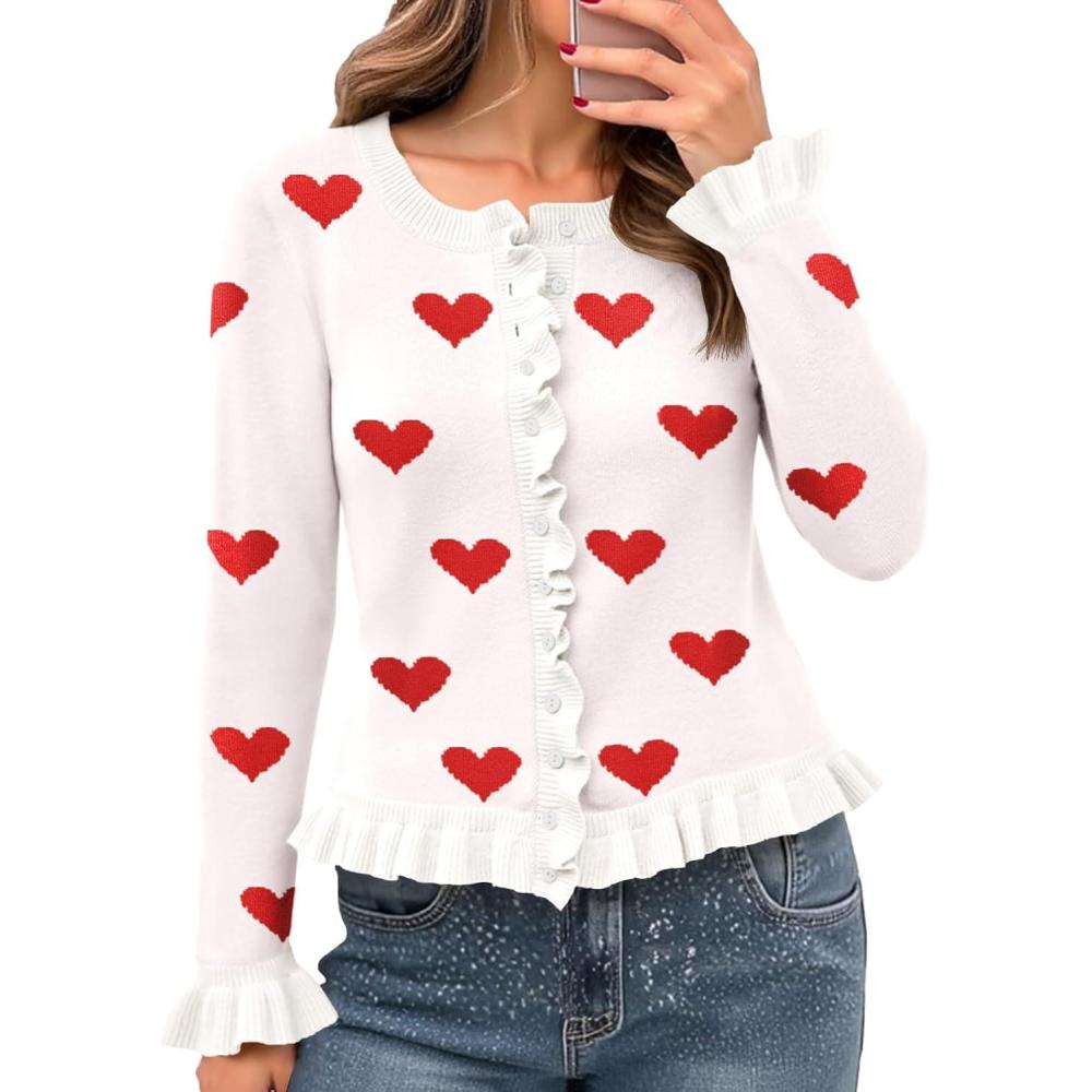 imageSaodimallsu Womens Ruffle Cardigan Sweaters Button Up Crew Neck Long Sleeve Cropped Sweater Cute Soft Knit TopsWhitea