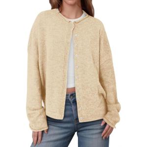 Saodimallsu Womens Button Up Cardigan Sweaters Long Sleeve Crew Neck Fall Soft Lightweight Knit Loose Sweater Tops(Apricot)
