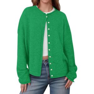 Saodimallsu Womens Button Up Cardigan Sweaters Long Sleeve Crew Neck Fall Soft Lightweight Knit Loose Sweater Tops(Green)