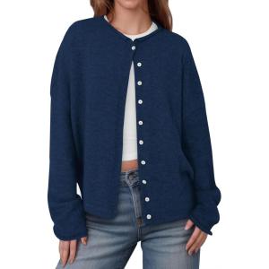 Saodimallsu Womens Button Up Cardigan Sweaters Long Sleeve Crew Neck Fall Soft Lightweight Knit Loose Sweater Tops(Navy)