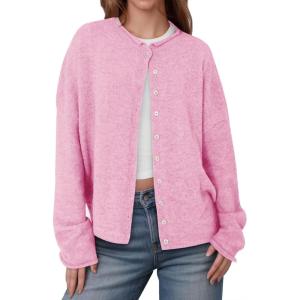 Saodimallsu Womens Button Up Cardigan Sweaters Long Sleeve Crew Neck Fall Soft Lightweight Knit Loose Sweater Tops(Pink)