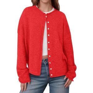 Saodimallsu Womens Button Up Cardigan Sweaters Long Sleeve Crew Neck Fall Soft Lightweight Knit Loose Sweater Tops(Red)