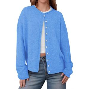 Saodimallsu Womens Button Up Cardigan Sweaters Long Sleeve Crew Neck Fall Soft Lightweight Knit Loose Sweater Tops(Sky Blue)