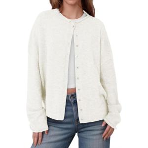 Saodimallsu Womens Button Up Cardigan Sweaters Long Sleeve Crew Neck Fall Soft Lightweight Knit Loose Sweater Tops(White)