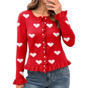 Saodimallsu Womens Ruffle Cardigan Sweaters Button Up Crew Neck Long Sleeve Cropped Sweater Cute Soft Knit Tops(Red-a)