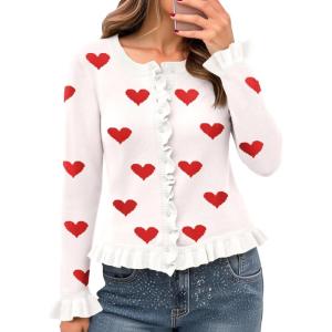 Saodimallsu Womens Ruffle Cardigan Sweaters Button Up Crew Neck Long Sleeve Cropped Sweater Cute Soft Knit Tops(White-a)