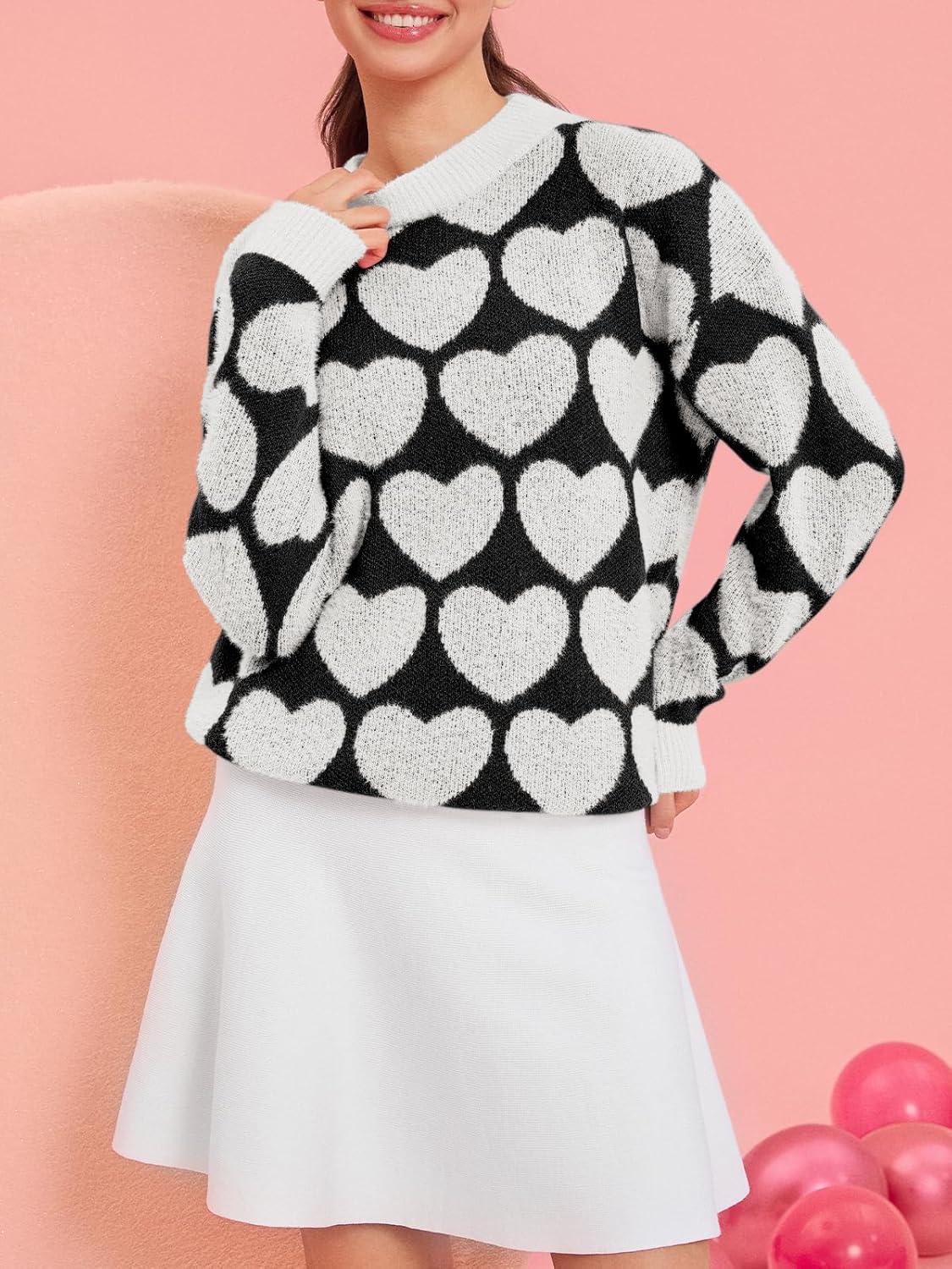 imageSaodimallsu Womens Heart Sweaters Valentines Fuzzy Knit Crewneck Cute Loose SweatersBlack