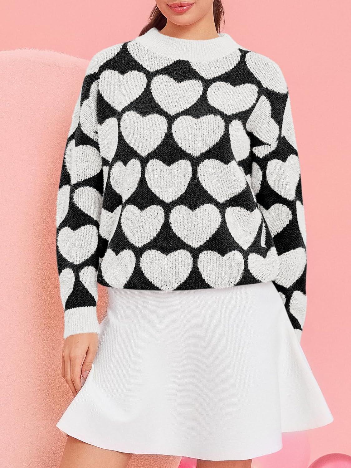 imageSaodimallsu Womens Heart Sweaters Valentines Fuzzy Knit Crewneck Cute Loose SweatersBlack