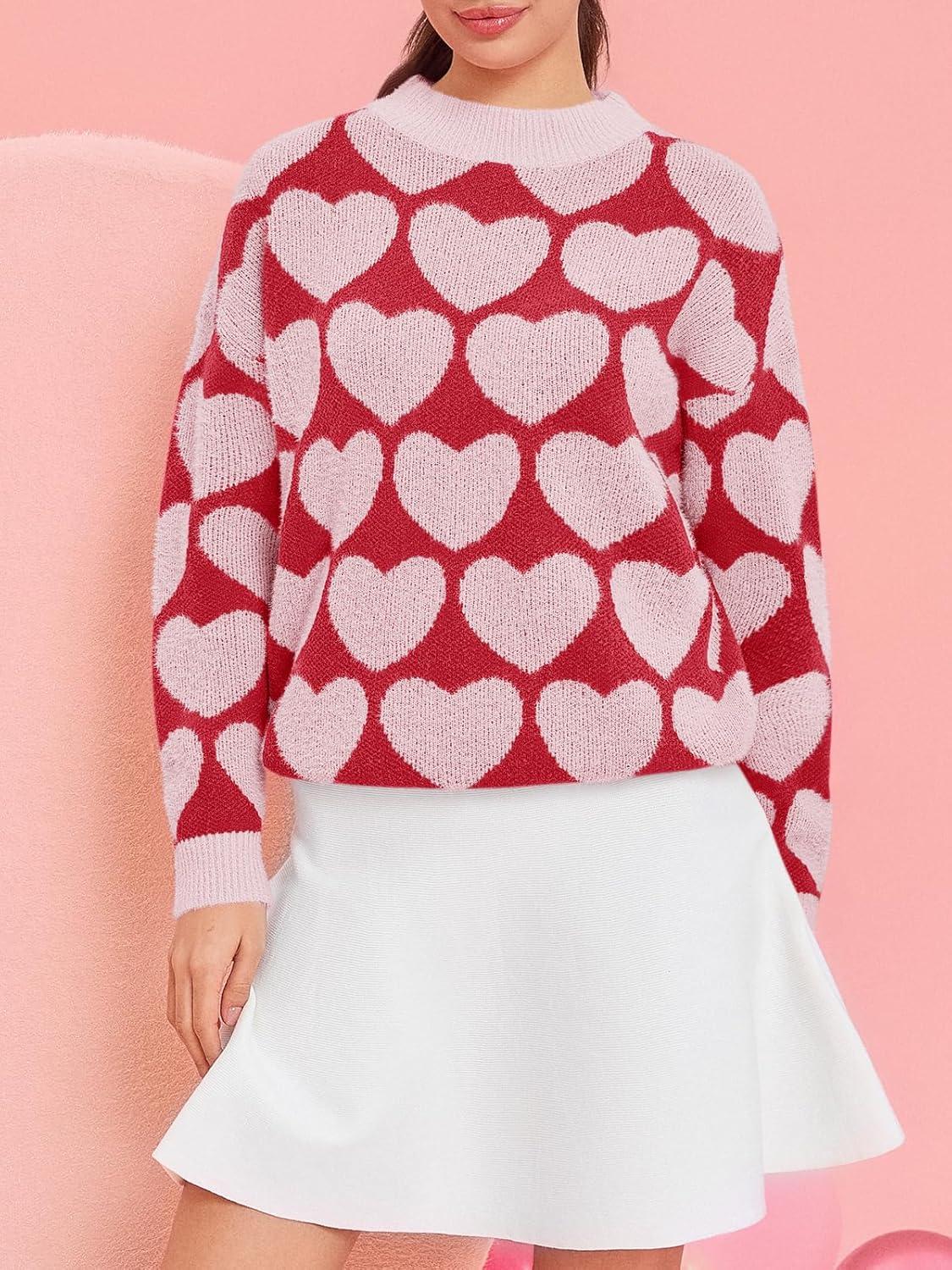 imageSaodimallsu Womens Heart Sweaters Valentines Fuzzy Knit Crewneck Cute Loose SweatersBright Pink