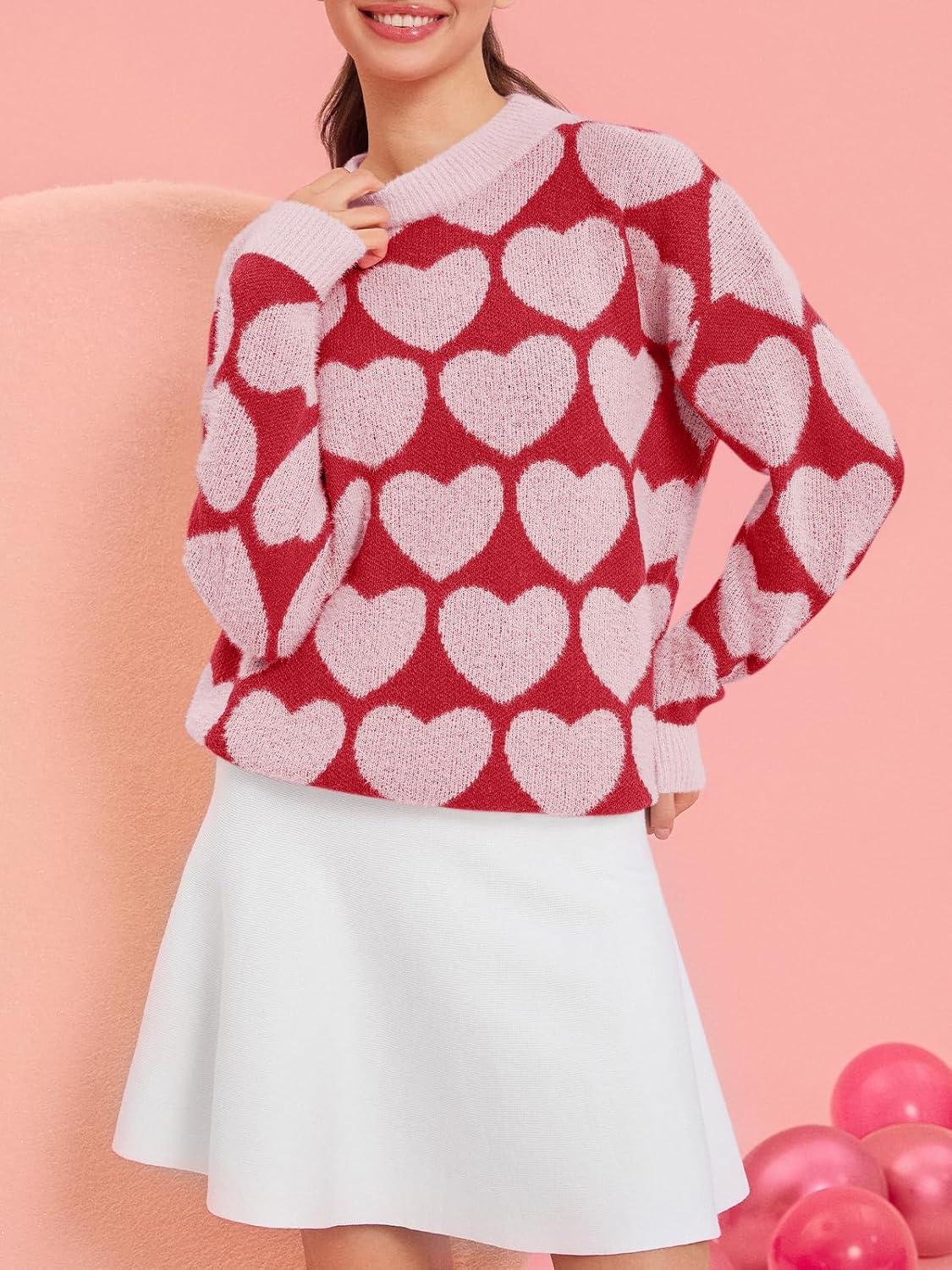 imageSaodimallsu Womens Heart Sweaters Valentines Fuzzy Knit Crewneck Cute Loose SweatersBright Pink