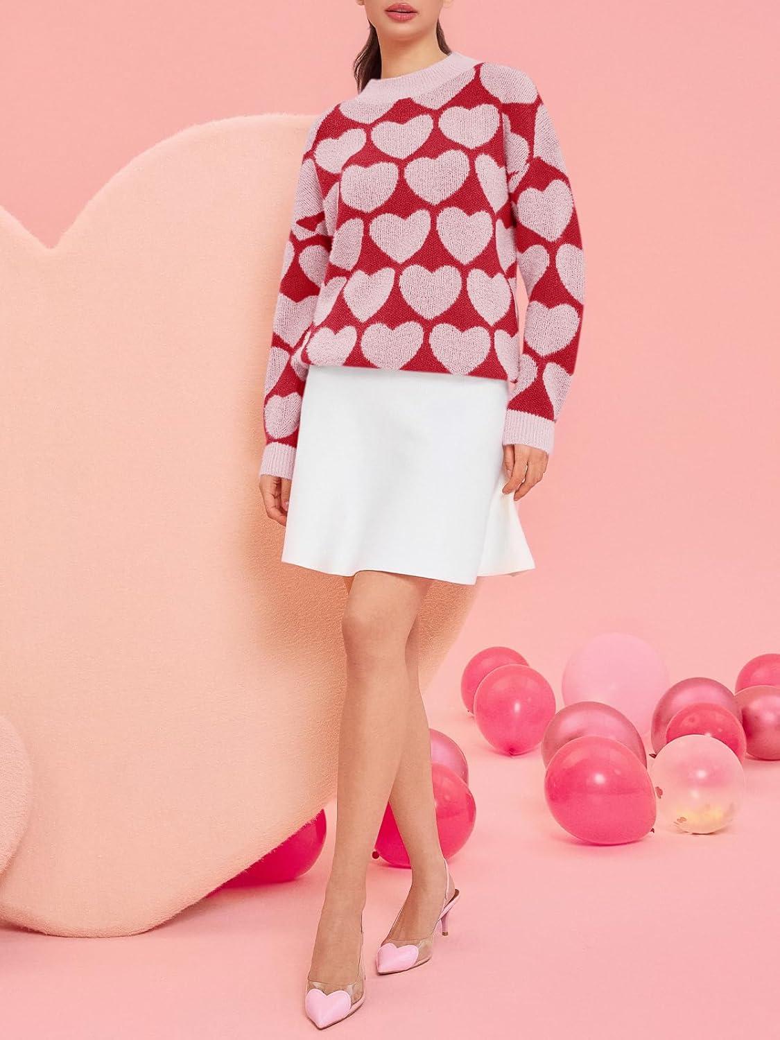 imageSaodimallsu Womens Heart Sweaters Valentines Fuzzy Knit Crewneck Cute Loose SweatersBright Pink