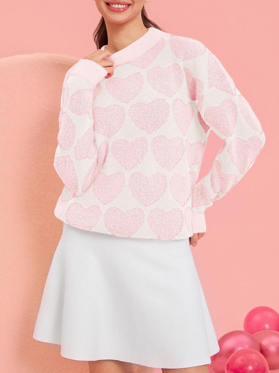 imageSaodimallsu Womens Heart Sweaters Valentines Fuzzy Knit Crewneck Cute Loose SweatersPink