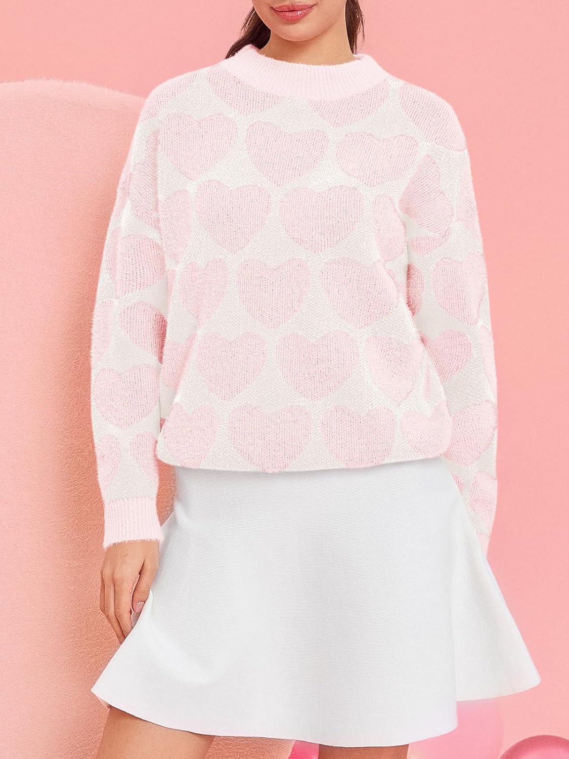 imageSaodimallsu Womens Heart Sweaters Valentines Fuzzy Knit Crewneck Cute Loose SweatersPink