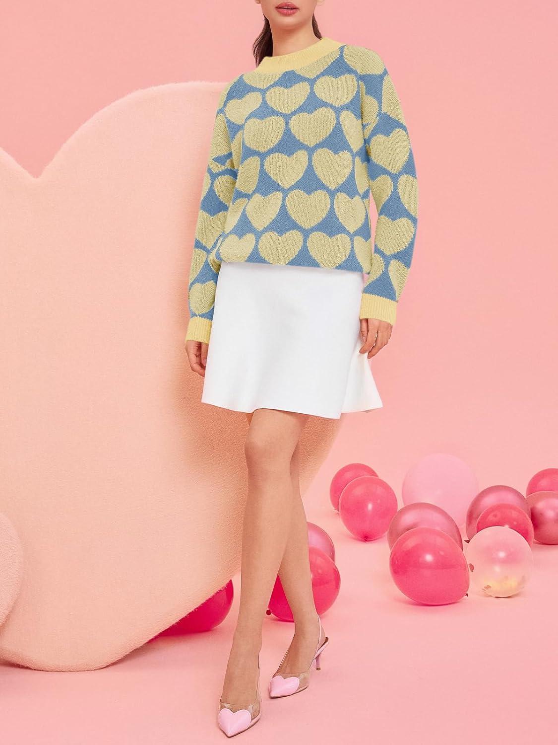 imageSaodimallsu Womens Heart Sweaters Valentines Fuzzy Knit Crewneck Cute Loose SweatersYellow