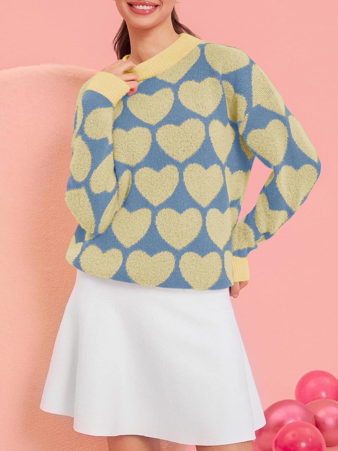 imageSaodimallsu Womens Heart Sweaters Valentines Fuzzy Knit Crewneck Cute Loose SweatersYellow