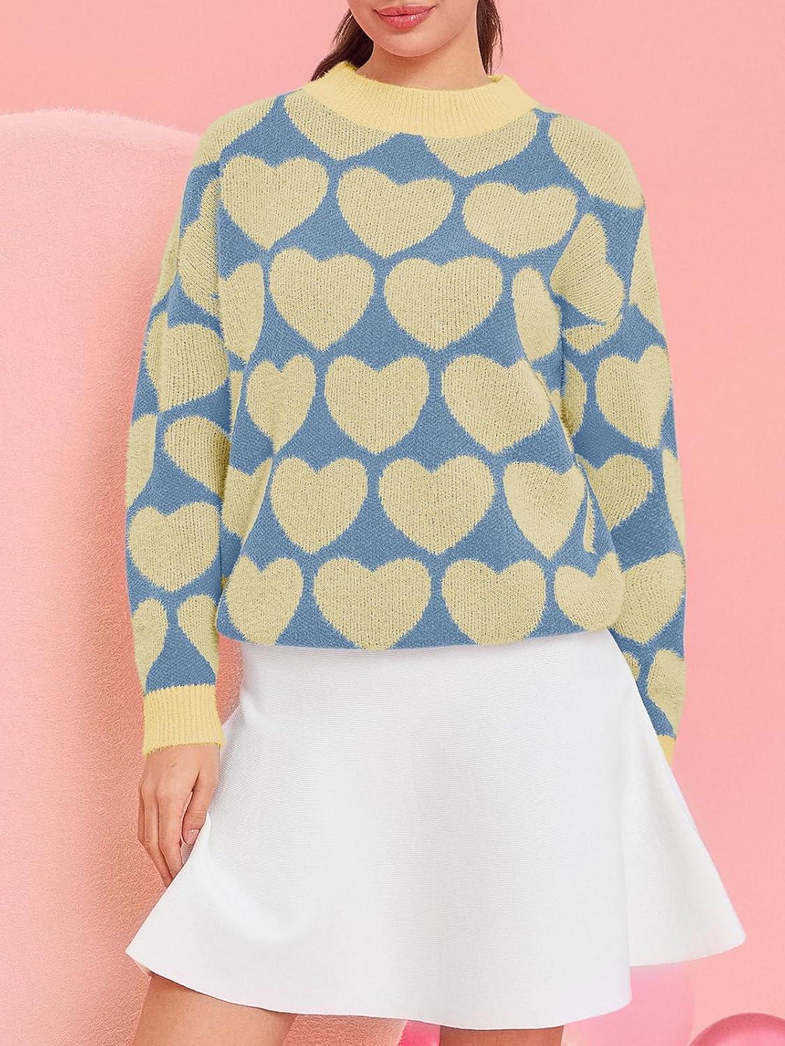 imageSaodimallsu Womens Heart Sweaters Valentines Fuzzy Knit Crewneck Cute Loose SweatersYellow