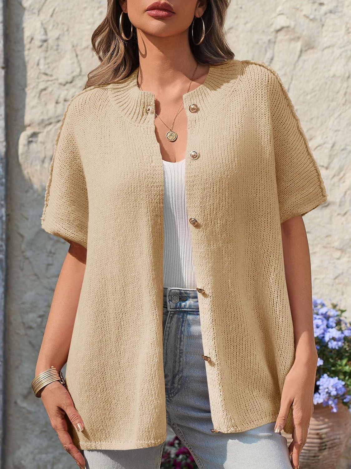 imageSaodimallsu Womens Oversized Cardigan Sweaters Short Sleeve Button Down Casual Lightweight Loose Knit Trendy CardigansBeige