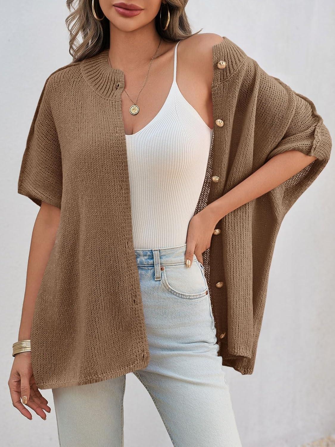 imageSaodimallsu Womens Oversized Cardigan Sweaters Short Sleeve Button Down Casual Lightweight Loose Knit Trendy CardigansBrown