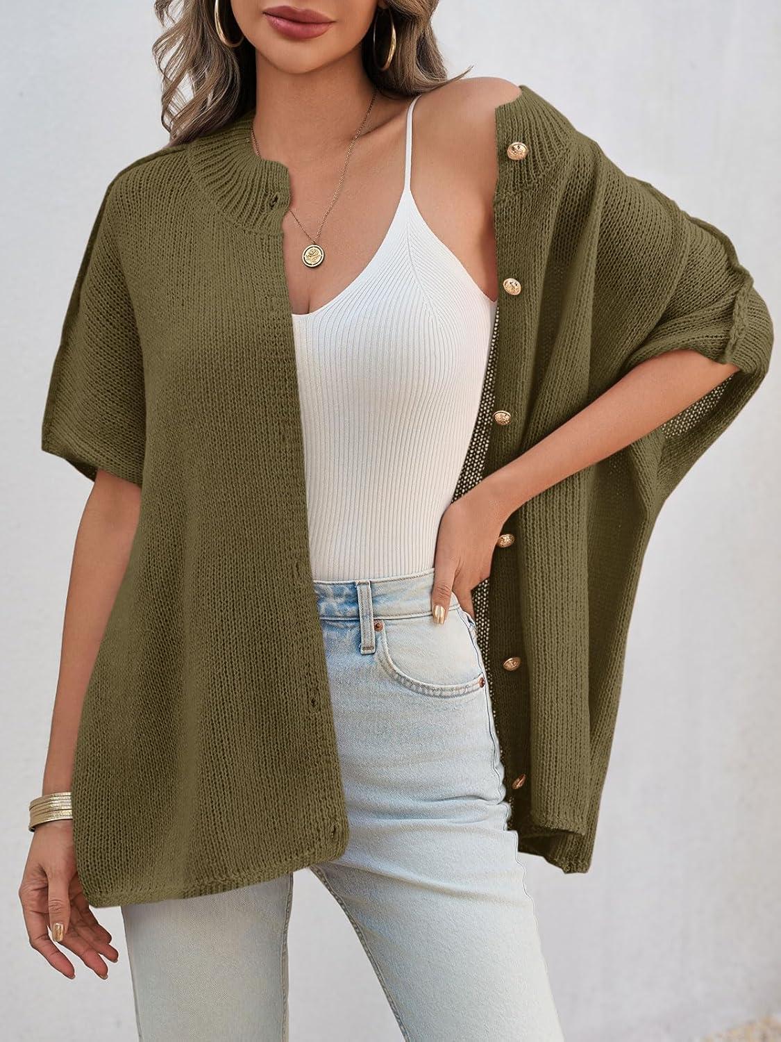 imageSaodimallsu Womens Oversized Cardigan Sweaters Short Sleeve Button Down Casual Lightweight Loose Knit Trendy CardigansDark Khaki
