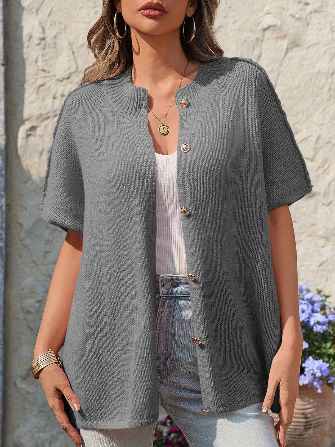 imageSaodimallsu Womens Oversized Cardigan Sweaters Short Sleeve Button Down Casual Lightweight Loose Knit Trendy CardigansGray