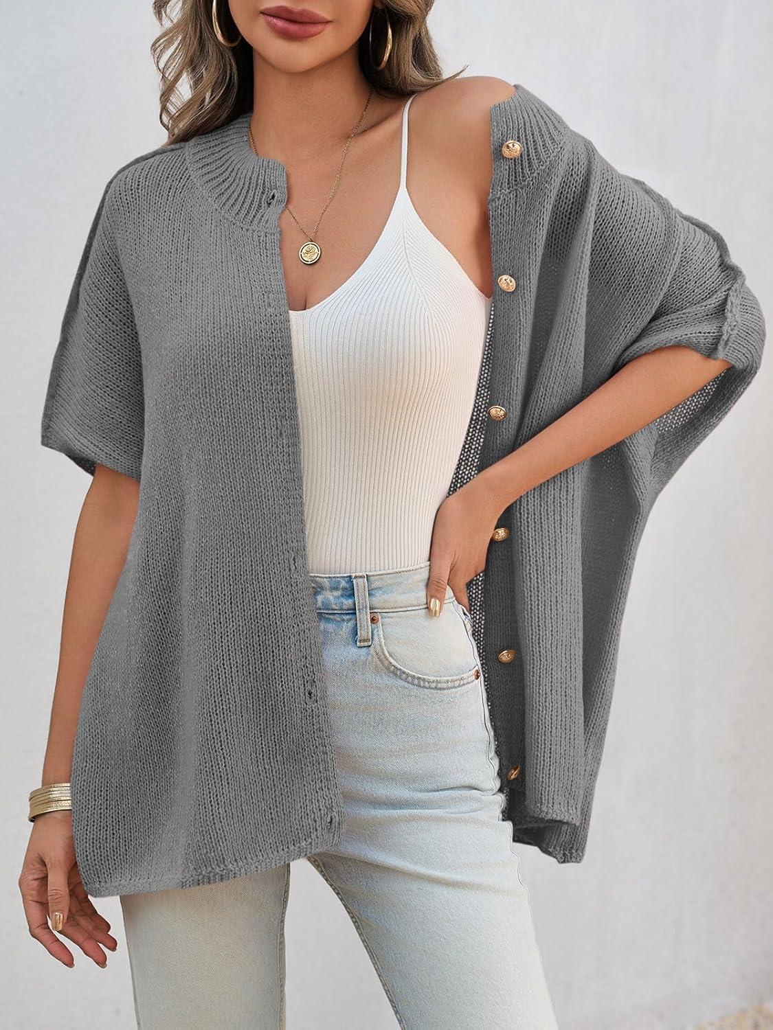 imageSaodimallsu Womens Oversized Cardigan Sweaters Short Sleeve Button Down Casual Lightweight Loose Knit Trendy CardigansGray