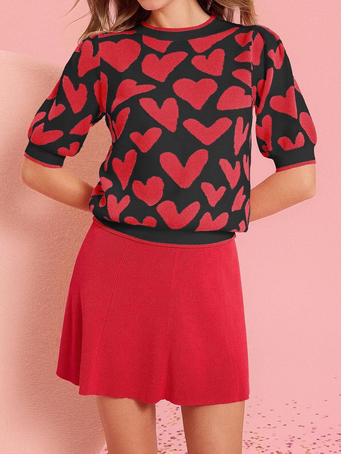 imageSaodimallsu Womens Puff Short Sleeve Heart Sweater Valentines Crew Neck Graphic Knit Pullover Crop TopsBlack