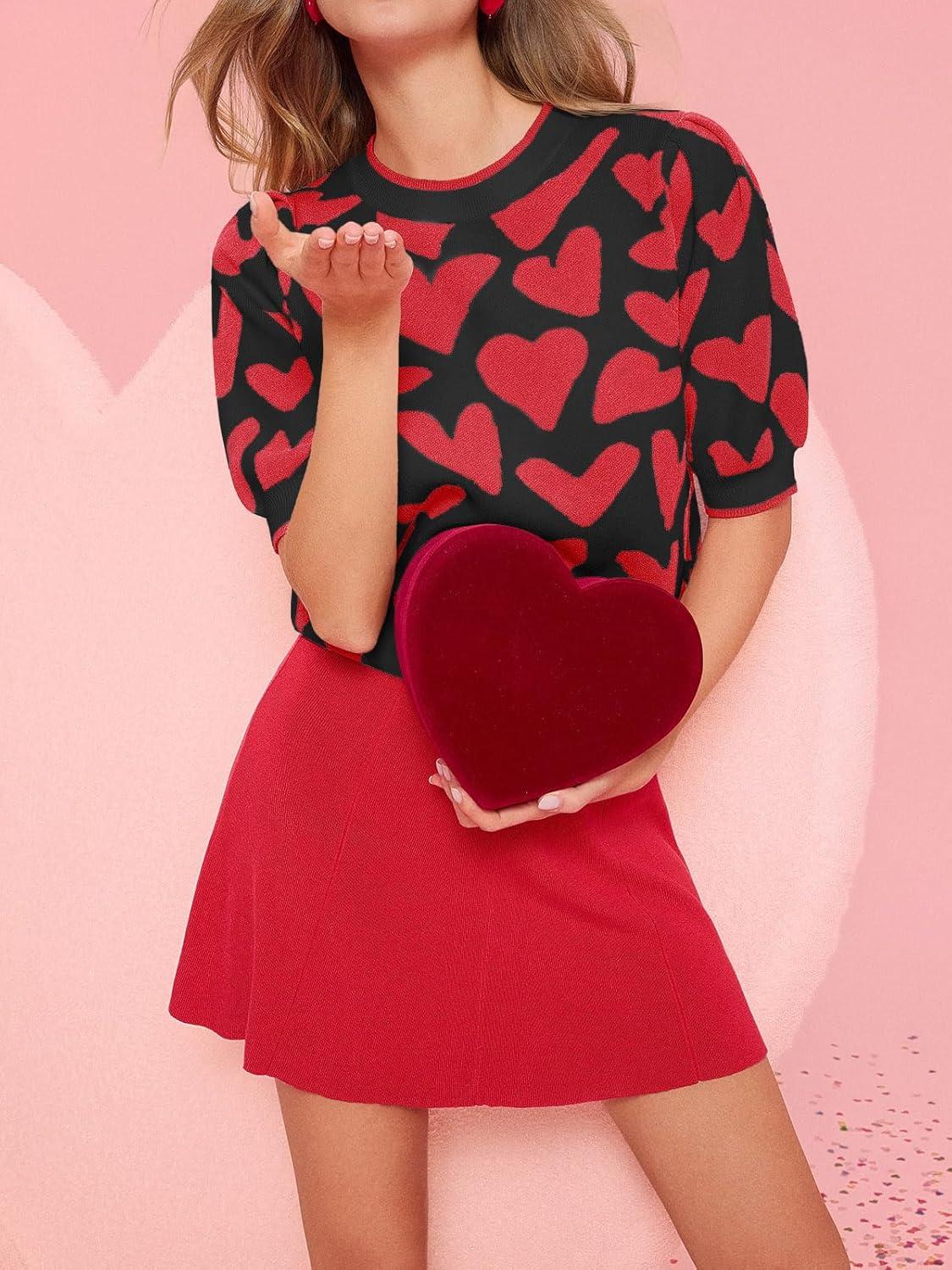 imageSaodimallsu Womens Puff Short Sleeve Heart Sweater Valentines Crew Neck Graphic Knit Pullover Crop TopsBlack