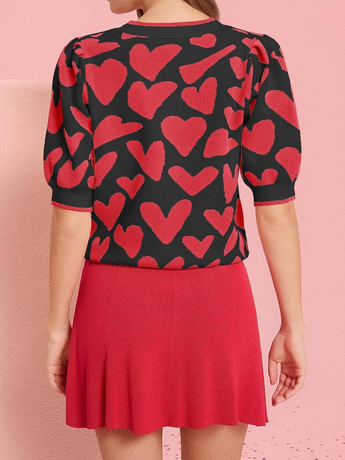 imageSaodimallsu Womens Puff Short Sleeve Heart Sweater Valentines Crew Neck Graphic Knit Pullover Crop TopsBlack