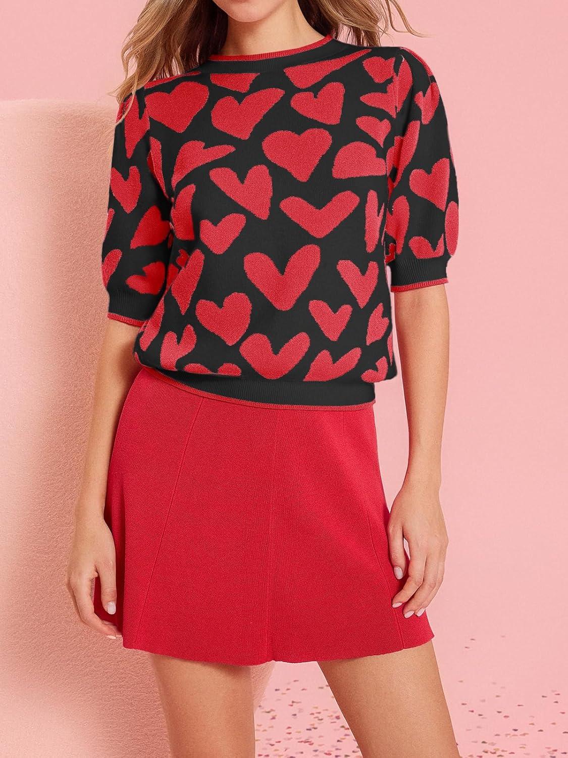 imageSaodimallsu Womens Puff Short Sleeve Heart Sweater Valentines Crew Neck Graphic Knit Pullover Crop TopsBlack