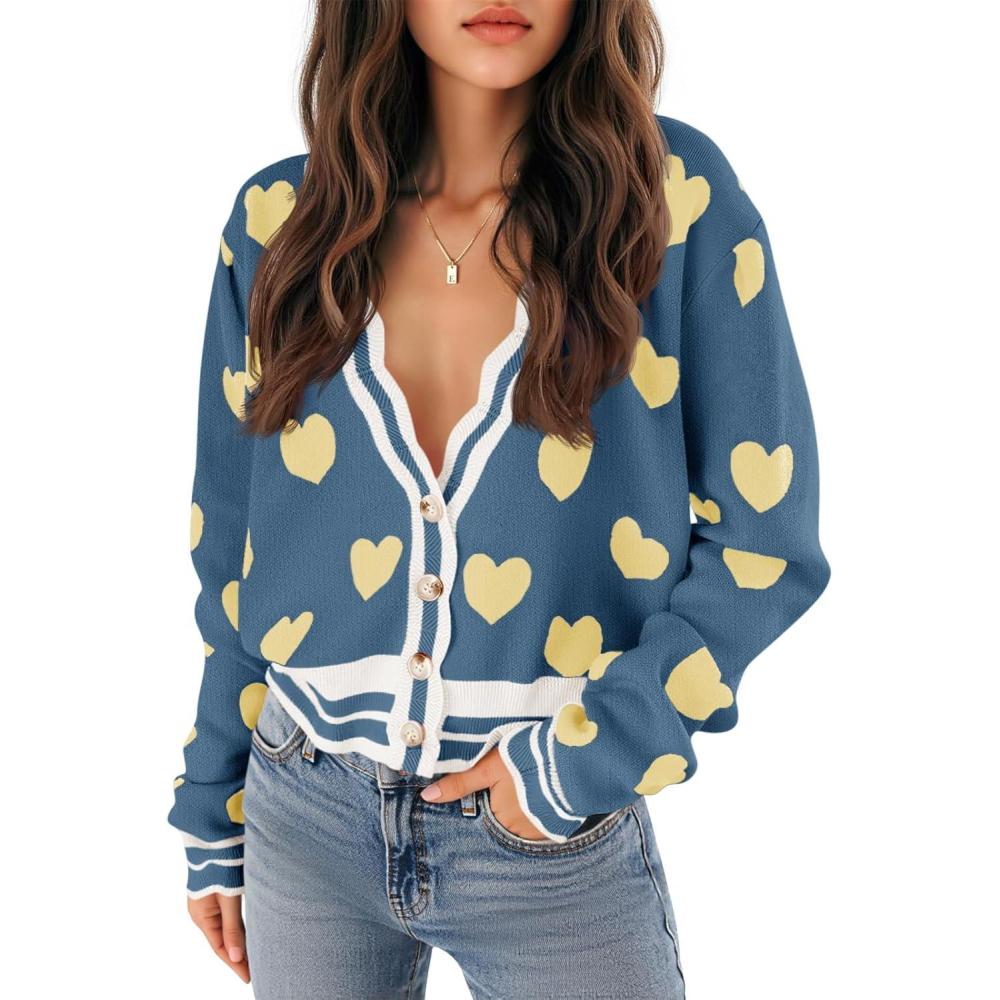 imageSaodimallsu Womens Cute Heart Cardigan Sweaters Button V Neck Long Sleeve Color Block Knit Valentines SweaterBlue