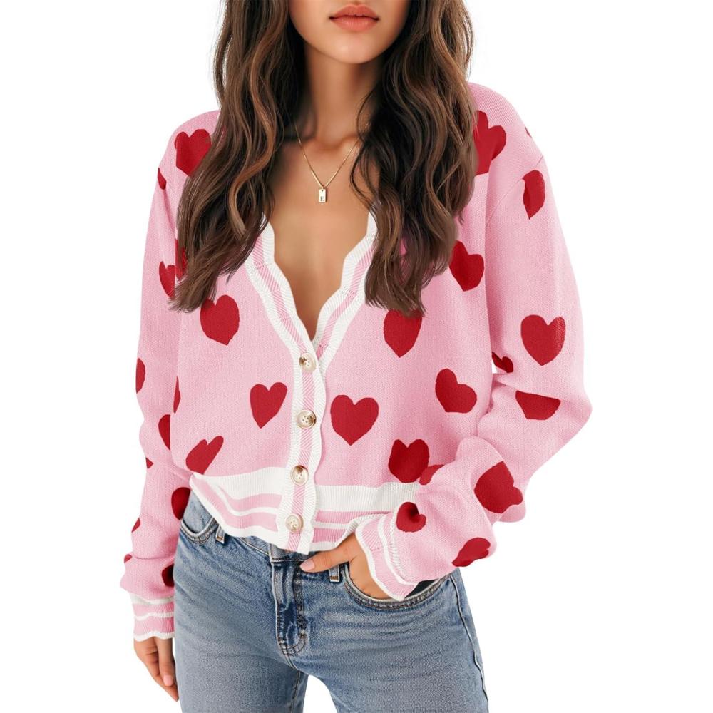 imageSaodimallsu Womens Cute Heart Cardigan Sweaters Button V Neck Long Sleeve Color Block Knit Valentines SweaterPink