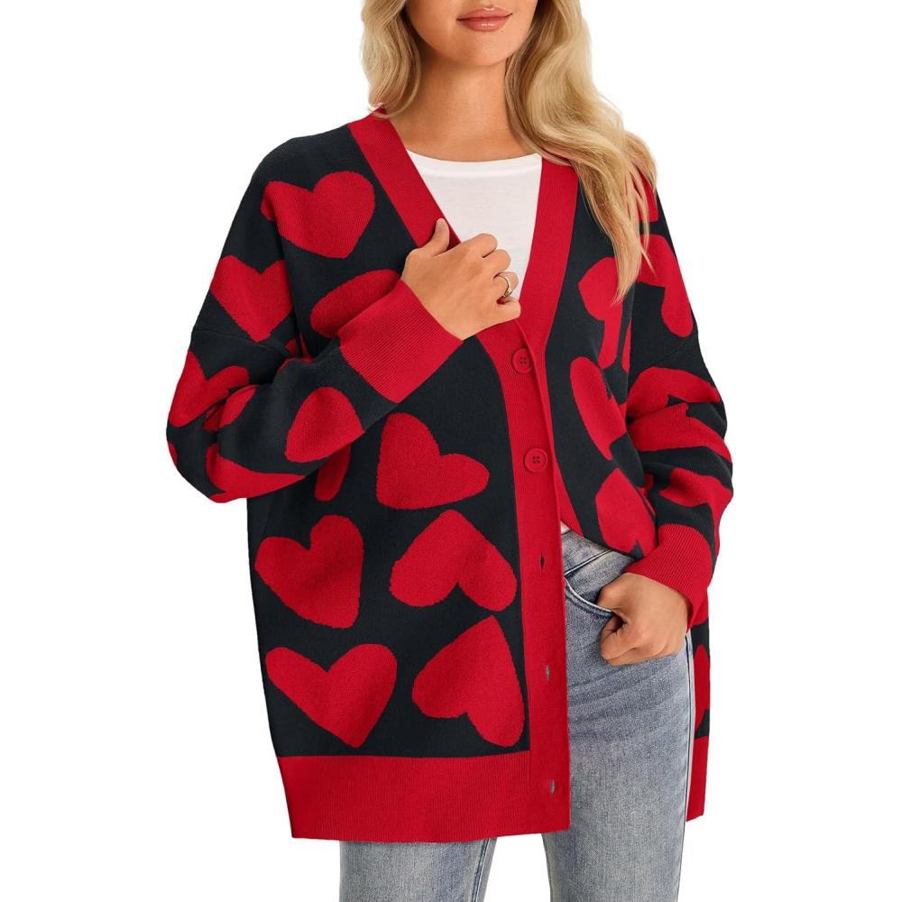 imageSaodimallsu Womens Heart Cardigan Sweaters Cute Valentines Oversized V Neck Button Up Winter Sweater CoatsBlack