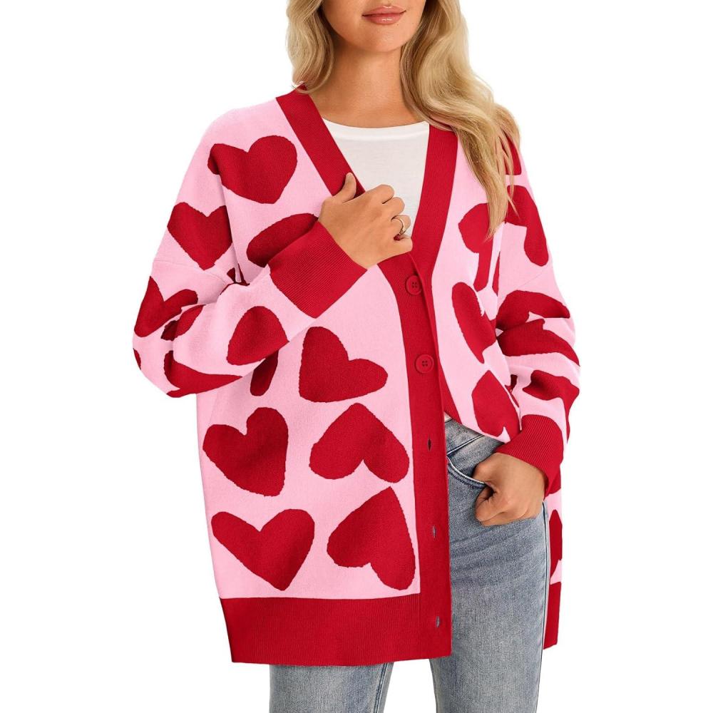 imageSaodimallsu Womens Heart Cardigan Sweaters Cute Valentines Oversized V Neck Button Up Winter Sweater CoatsLight Pinka
