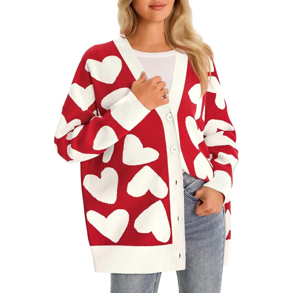 imageSaodimallsu Womens Heart Cardigan Sweaters Cute Valentines Oversized V Neck Button Up Winter Sweater CoatsRed