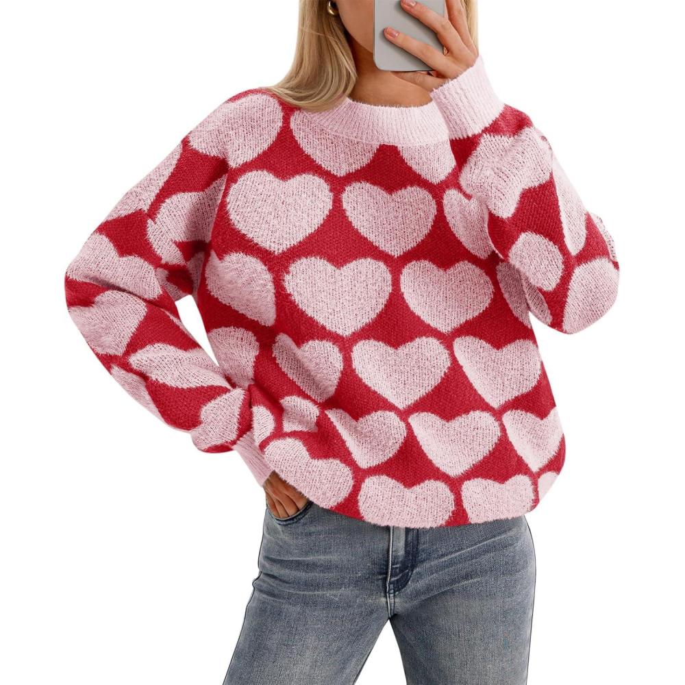imageSaodimallsu Womens Heart Sweaters Valentines Fuzzy Knit Crewneck Cute Loose SweatersBright Pink