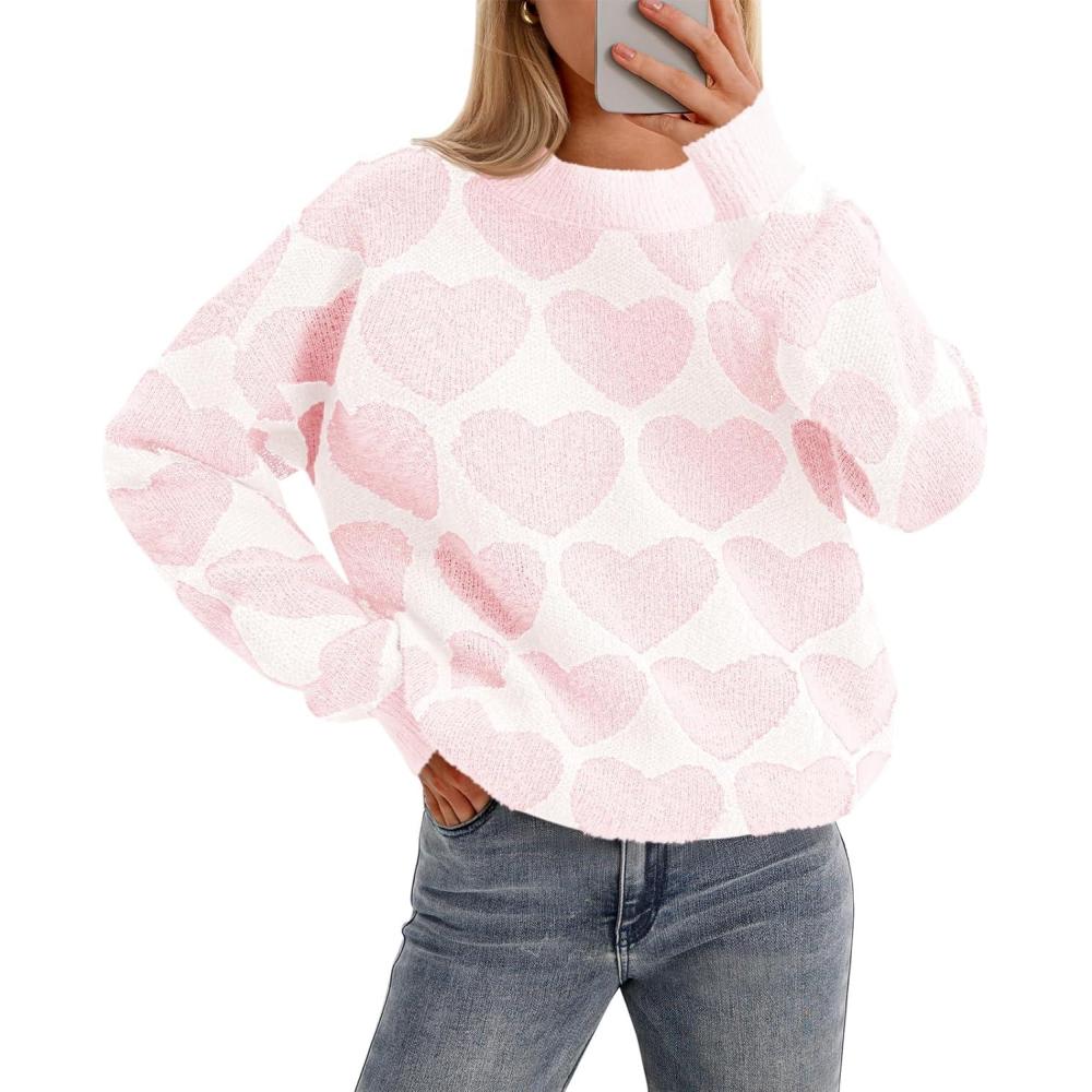 imageSaodimallsu Womens Heart Sweaters Valentines Fuzzy Knit Crewneck Cute Loose SweatersPink