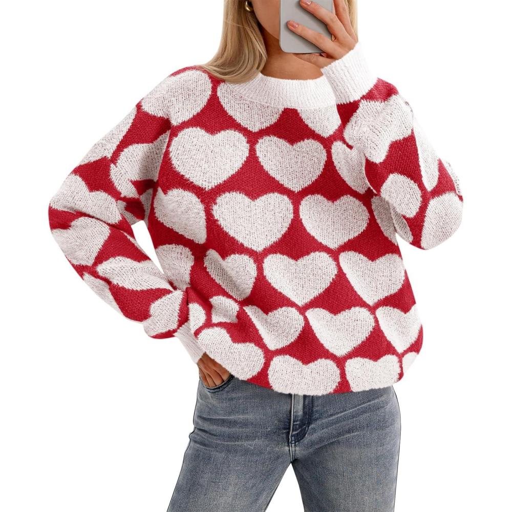 imageSaodimallsu Womens Heart Sweaters Valentines Fuzzy Knit Crewneck Cute Loose SweatersWhite