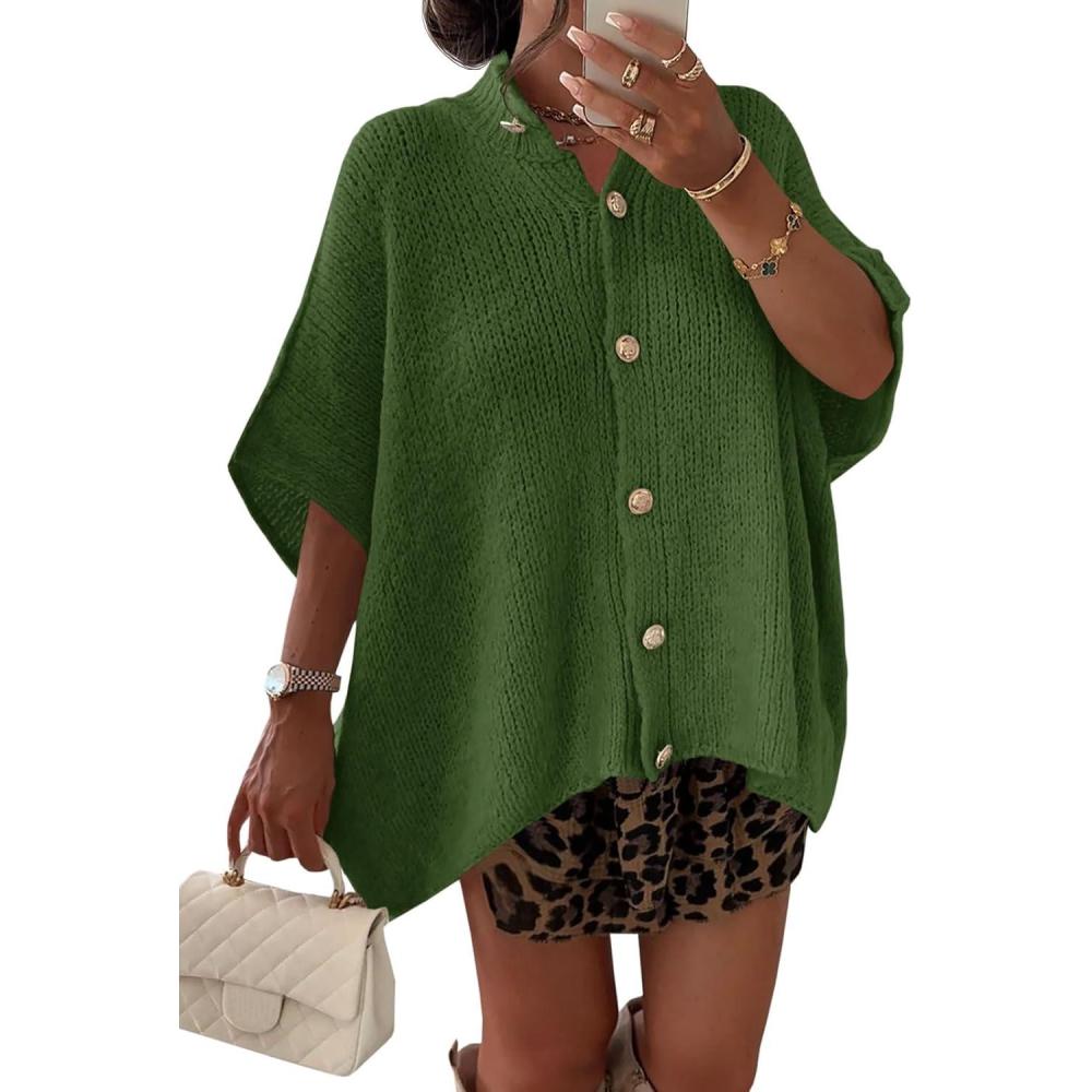 imageSaodimallsu Womens Oversized Cardigan Sweaters Short Sleeve Button Down Casual Lightweight Loose Knit Trendy CardigansArmy Green
