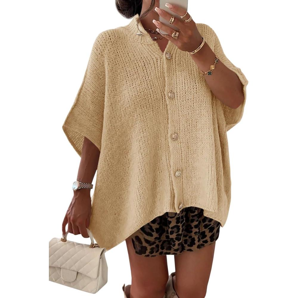imageSaodimallsu Womens Oversized Cardigan Sweaters Short Sleeve Button Down Casual Lightweight Loose Knit Trendy CardigansBeige