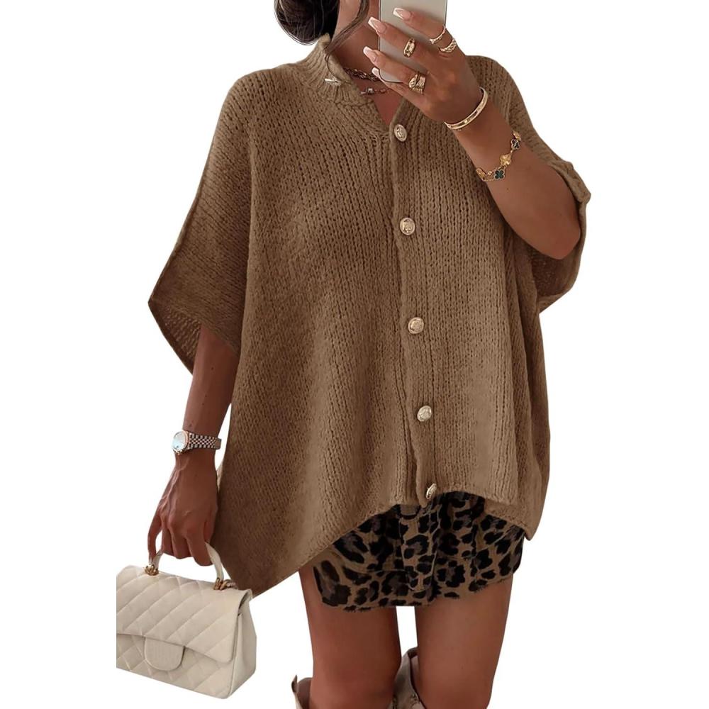 imageSaodimallsu Womens Oversized Cardigan Sweaters Short Sleeve Button Down Casual Lightweight Loose Knit Trendy CardigansBrown