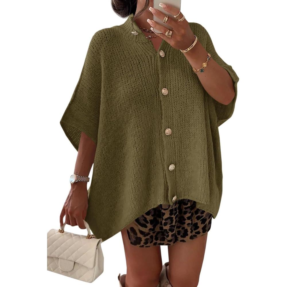 imageSaodimallsu Womens Oversized Cardigan Sweaters Short Sleeve Button Down Casual Lightweight Loose Knit Trendy CardigansDark Khaki