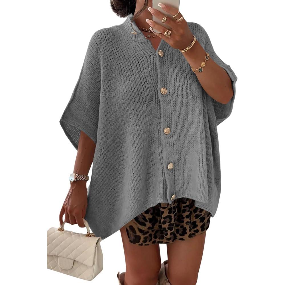 imageSaodimallsu Womens Oversized Cardigan Sweaters Short Sleeve Button Down Casual Lightweight Loose Knit Trendy CardigansGray