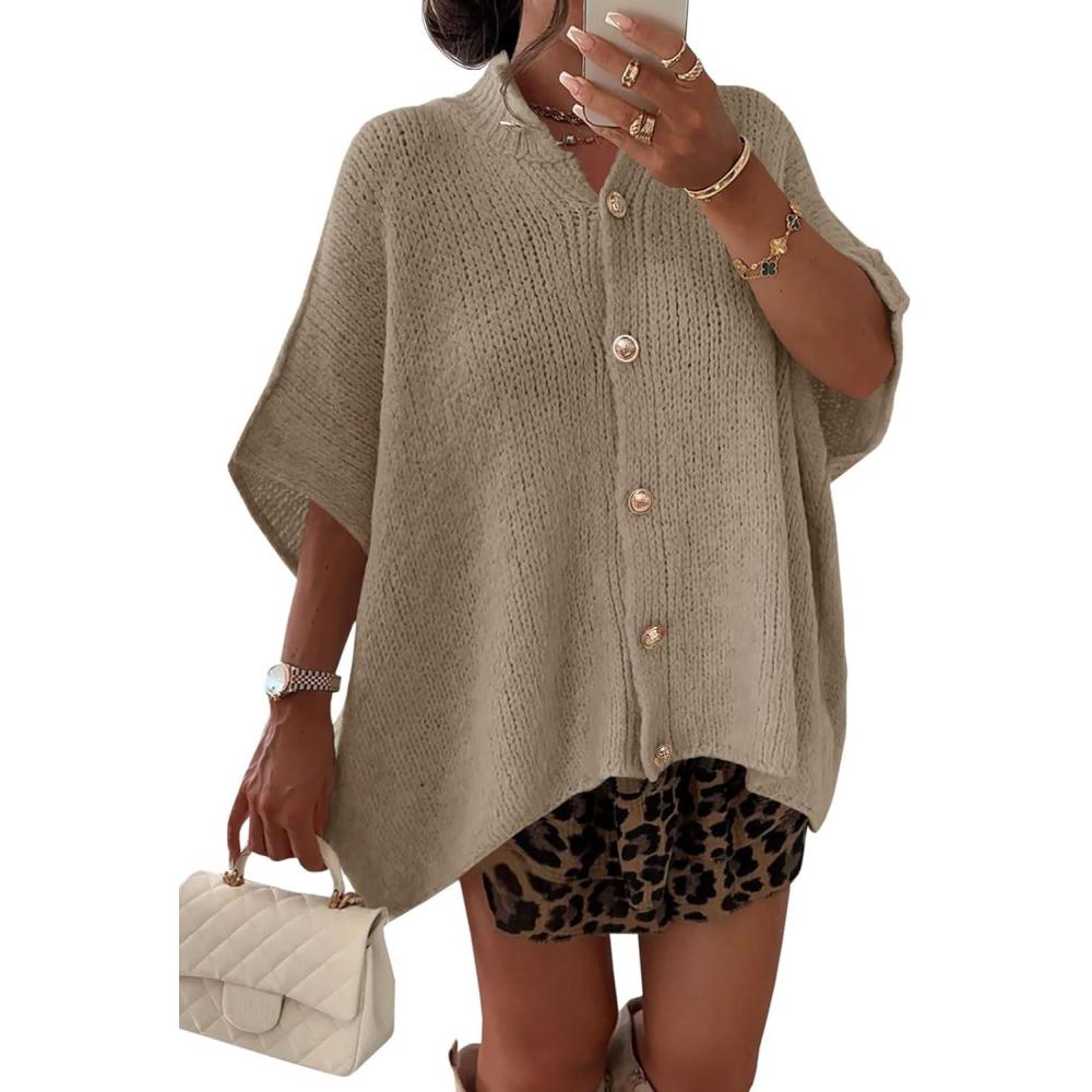 imageSaodimallsu Womens Oversized Cardigan Sweaters Short Sleeve Button Down Casual Lightweight Loose Knit Trendy CardigansKhaki