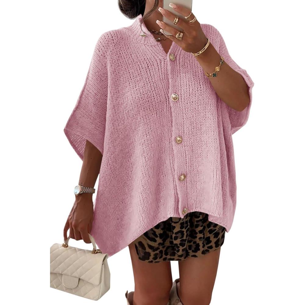 imageSaodimallsu Womens Oversized Cardigan Sweaters Short Sleeve Button Down Casual Lightweight Loose Knit Trendy CardigansPink