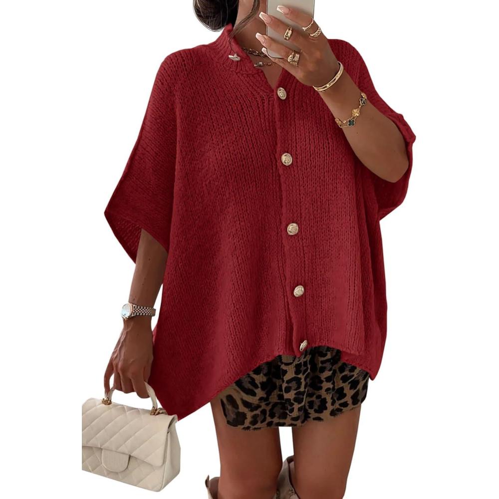 imageSaodimallsu Womens Oversized Cardigan Sweaters Short Sleeve Button Down Casual Lightweight Loose Knit Trendy CardigansWine Red