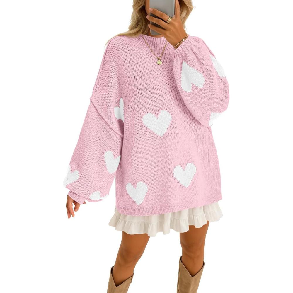 imageSaodimallsu Womens Oversized Heart Sweater Valentines Cute Mock Neck Chunky Knit Long Sleeve Tunic SweatersLight Pink
