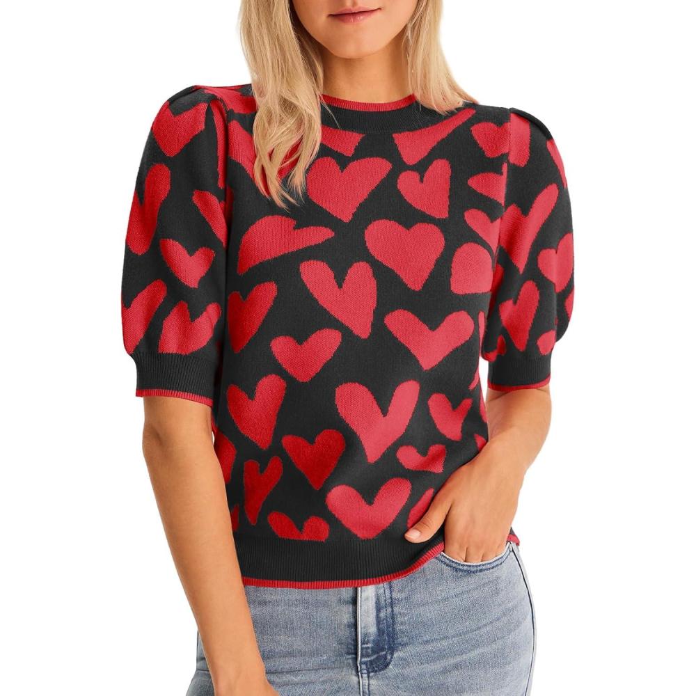 imageSaodimallsu Womens Puff Short Sleeve Heart Sweater Valentines Crew Neck Graphic Knit Pullover Crop TopsBlack